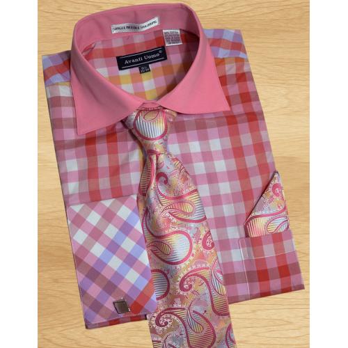 Avanti Uomo Fuchsia / Gold / White / Red Check Design Shirt / Tie / Hanky Set With Free Cufflinks DN60M.